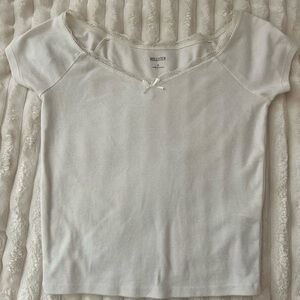 Hollister Women's White Short Sleeve Bow&Lace Top